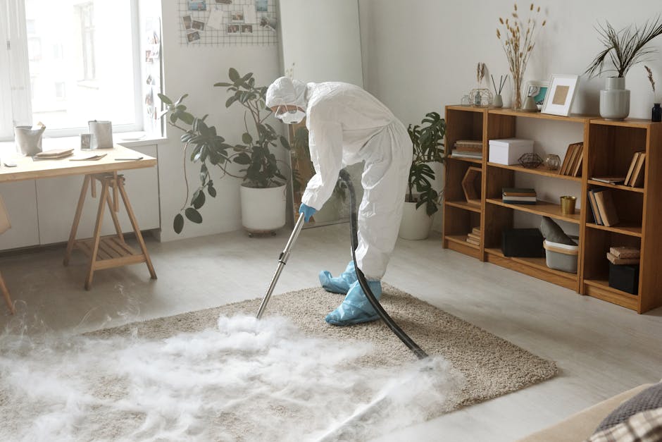 A professional cleaner wearing a full white protective suit, gloves, and a face mask is performing deep cleaning on a beige carpet in a bright living room. The cleaner is using a steam cleaning machin